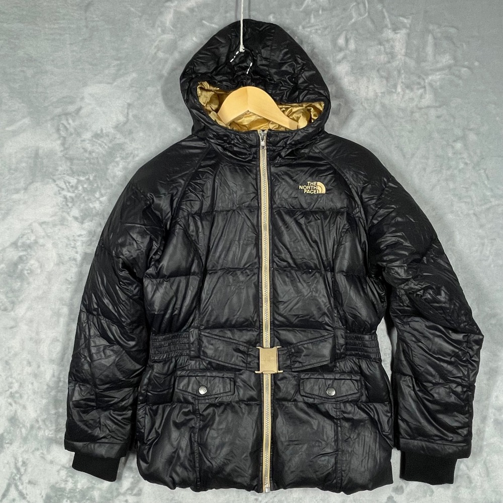 The North Face Girls Black Gold Belted Puffer Jacket Hooded Down Parka L 14/16